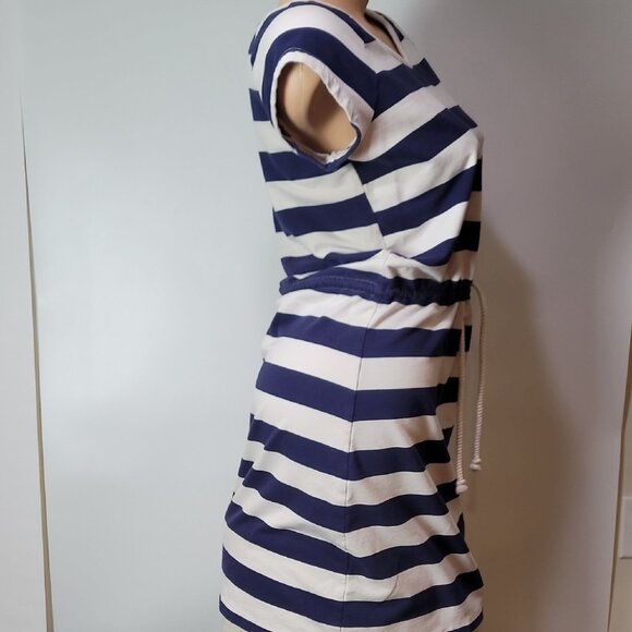 Navy & White Striped Casual Drawstring Waist Cotton Dress Short Sleeve Scoop Nec - Picture 3 of 14